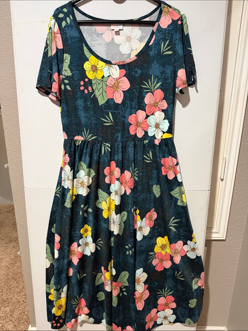 LuLaRoe Riley Navy Floral Short Sleeve Dress with Pink, Yellow and White Flowers